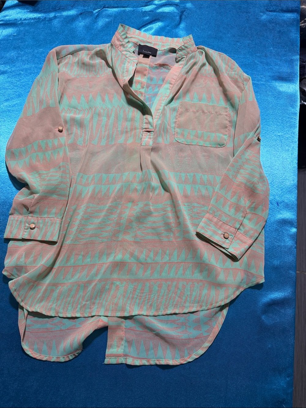 Lumiere Mint and Coral Geometric Popover Blouse